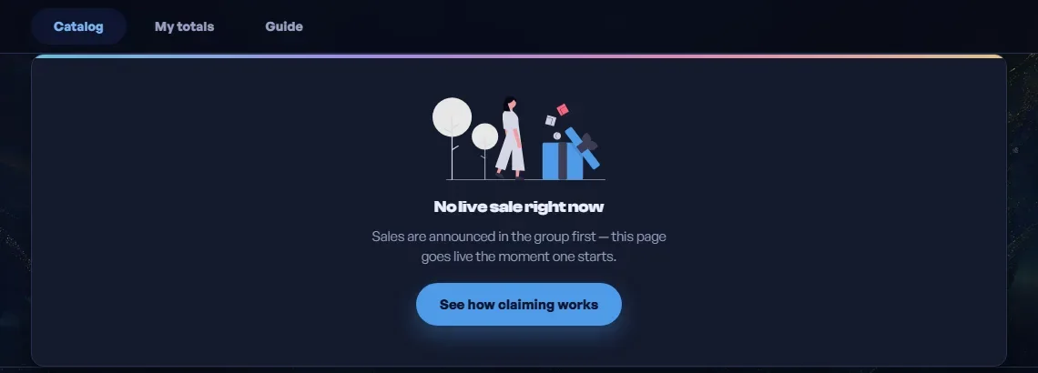 ClaimFlow buyer storefront on the catalogue tab, with no sale live
