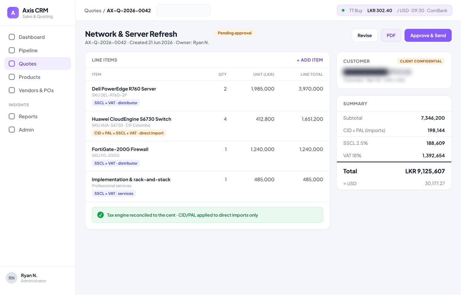 Axis CRM — quote builder with the import-tax engine